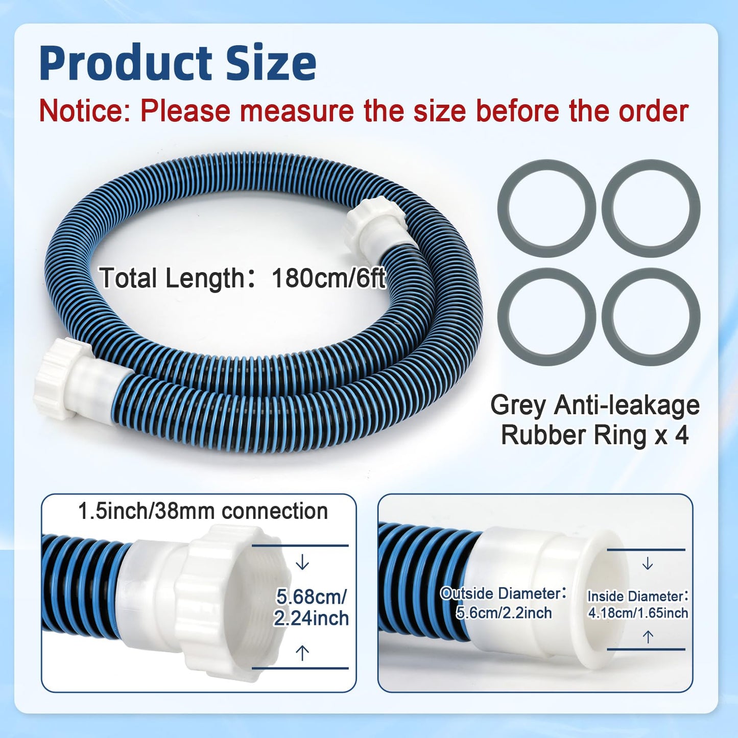 2 Pack 2026 Upgrade EVA Pool Hose with 40mm Hose to 1 1/2 Inch Inlet/Outlet Adapter Conversions for Above Ground Pools 6ft Long Swimming Pools Replacement Filter Hoses for Pool Pumps(Blue)