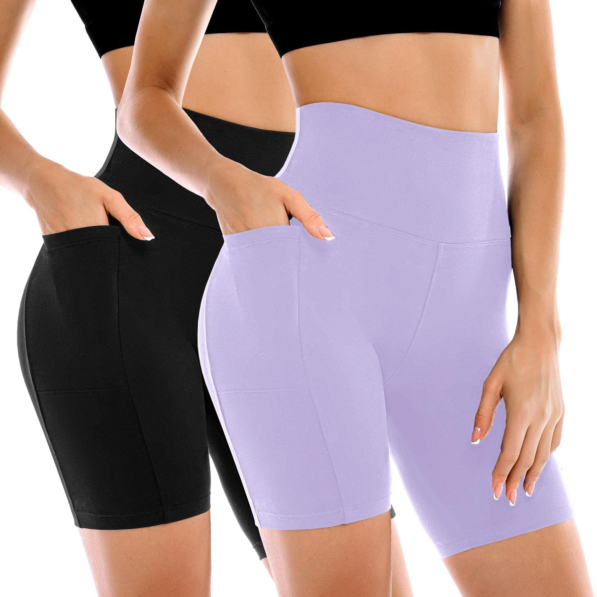 Leafigure 2 Pack Womens Biker Shorts with Pockets, High Waisted Tummy Control Yoga Shorts for Women Running Gym and Workout Black/Light Purple XXL