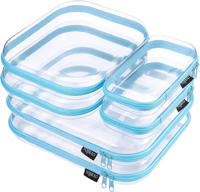 6 Pack Clear Hard Shell Zipper Case, See-Through Hard Plastic Organizer Pouches with Zipper for Travel, Toiletries, Makeup, Electronics & Pencils - Crush-Resistant Storage (Blue)