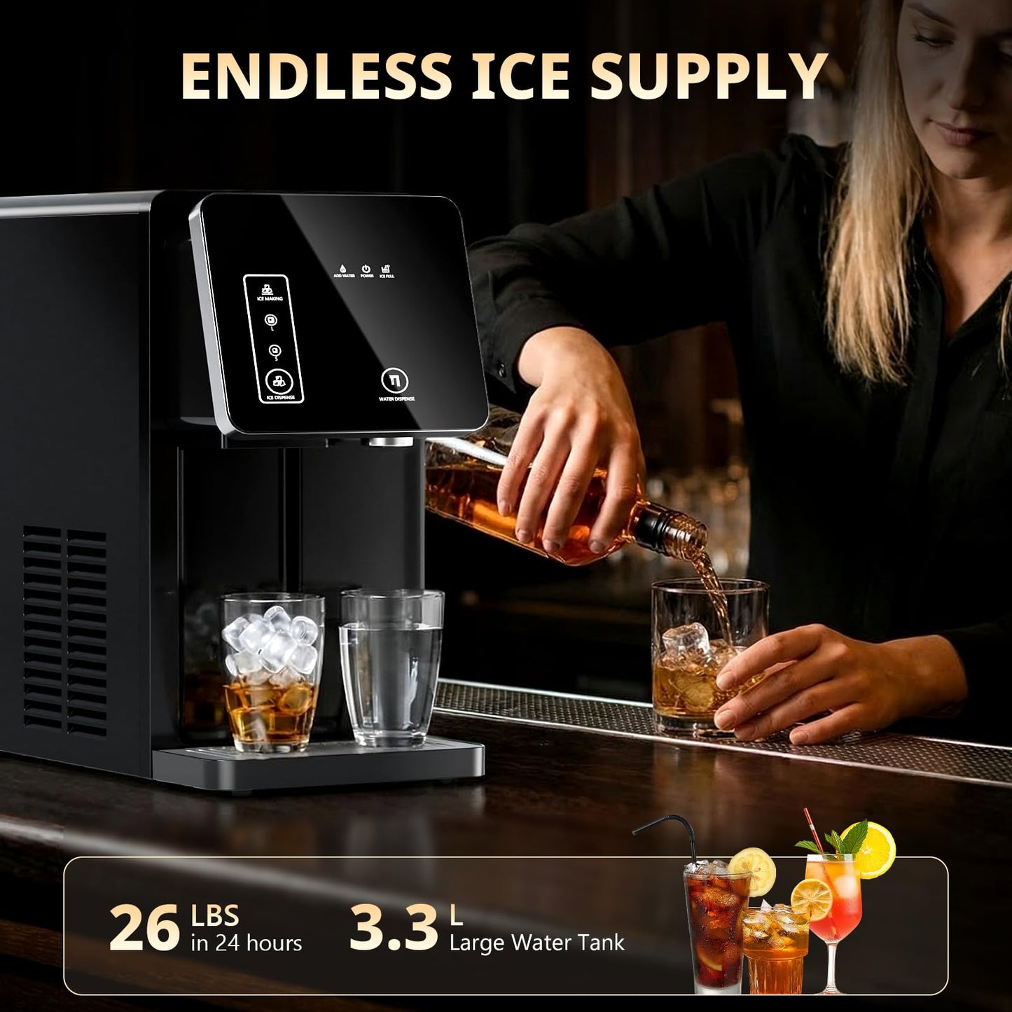 Cowsar 2-in-1 Countertop Ice Maker with Water Dispenser, 9 Ice Cubes Release in 8 Mintues, 26Lbs/24H Dual Sizes of Bullet Ice Machine with 3.3L Removable Water Tank for Home, Kitchen, Office