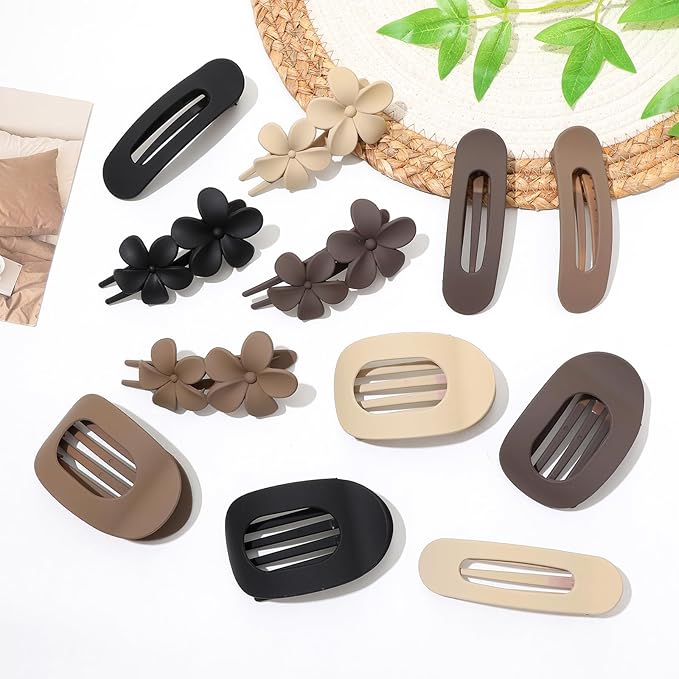 12 Pack Flat Hair Clips for Women-3 Styles Matte Neutral Flat Claw Clips, Black, Blonde,Light Brown & Dark Brown, French Duckbill Styling Accessories (Matte Neutral-5)