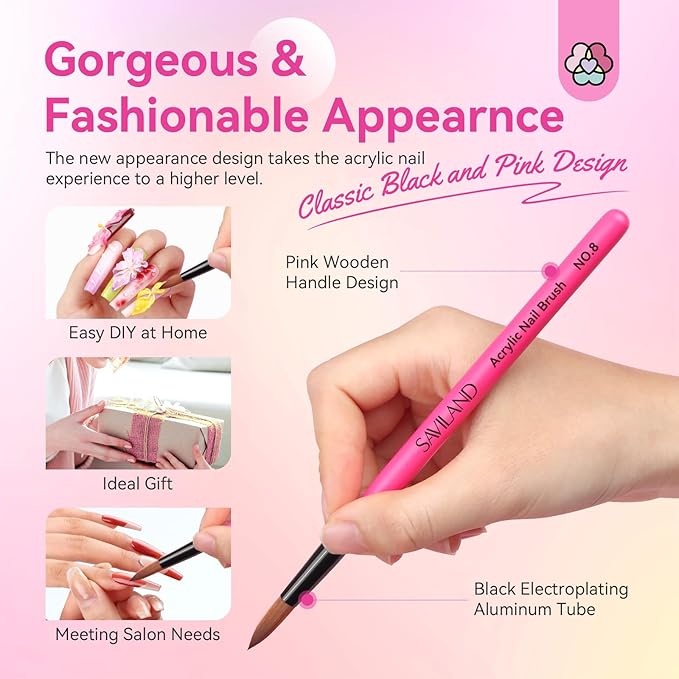 SAVILAND Acrylic Nail Brushes Set: Sizes 8, 10, 14 Nail Brushes for Professional Acrylic Powder Applications, Nails Extension, 3D Carving for Home Salon DIY Nail Art Brush Manicure Acrylics Tools Pink