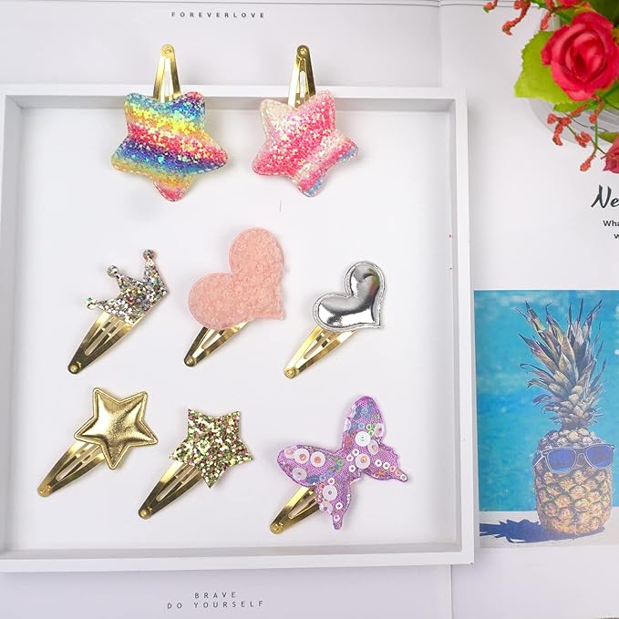 8 Pairs/16 Pack Hair Clips for Girls, Gingbiss Butterfly Metal Snap Hair Clips, Cute Girls Barrettes Heart Shaped Hair Clips Accessories for Kids