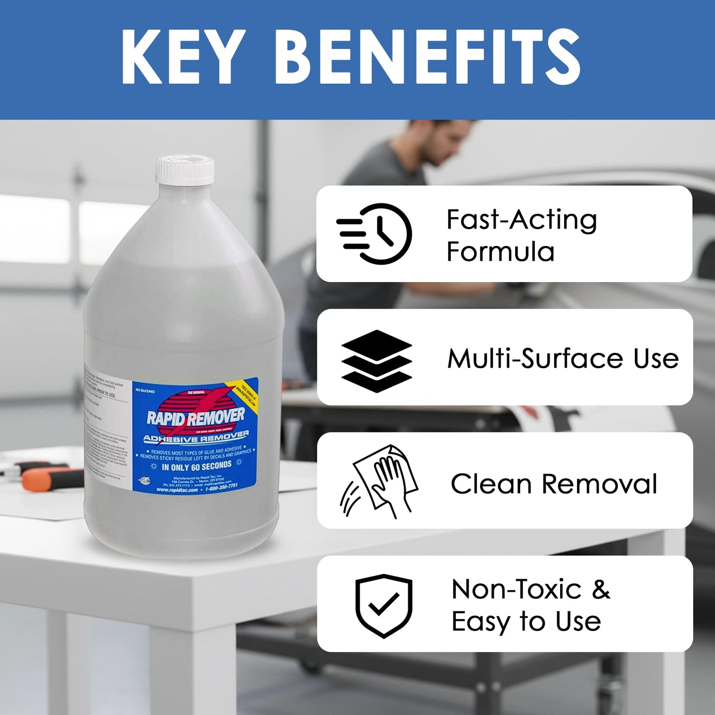 Rapid Tac Rapid Remover Adhesive Remover 128 oz (1 Gallon) | Removes Most Adhesives in 30–60 Seconds | Safe Water-Soluble Formula | Cold Weather Ready | for Vinyl Wraps, Graphics, Decals, and Stripes