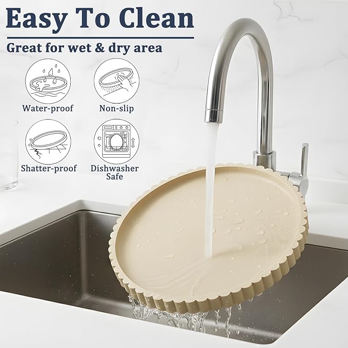 HighHerz Silicone Bathroom Countertop and Vanity Tray, Round Silicone Bathroom Tray, Modern Bathroom Decor, Coffee Table Decor, Decorative Tray for Candle, Perfume, Plants (Khaki, 9 inch)