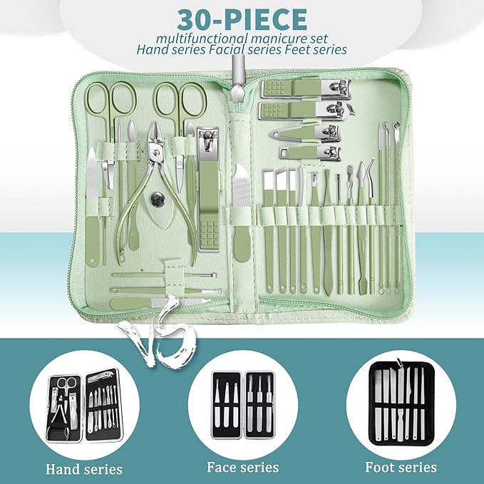 Manicure kit Personal Care Mens Grooming Kit, 30 in 1 Professional Nails Kit Pedicure Kit, Nail Clippers for Men and Nail Tools Portable Set, with Luxurious Travel Case (Green)