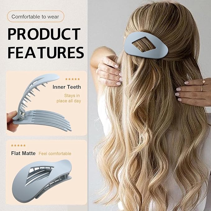 5 PCS Flat Hair Clips, No Crease Flat Claw Clips for Women, Large Strong Hold Barrettes for Thick Thin Hair, French Duckbill Styling Accessories(Matte Blue)