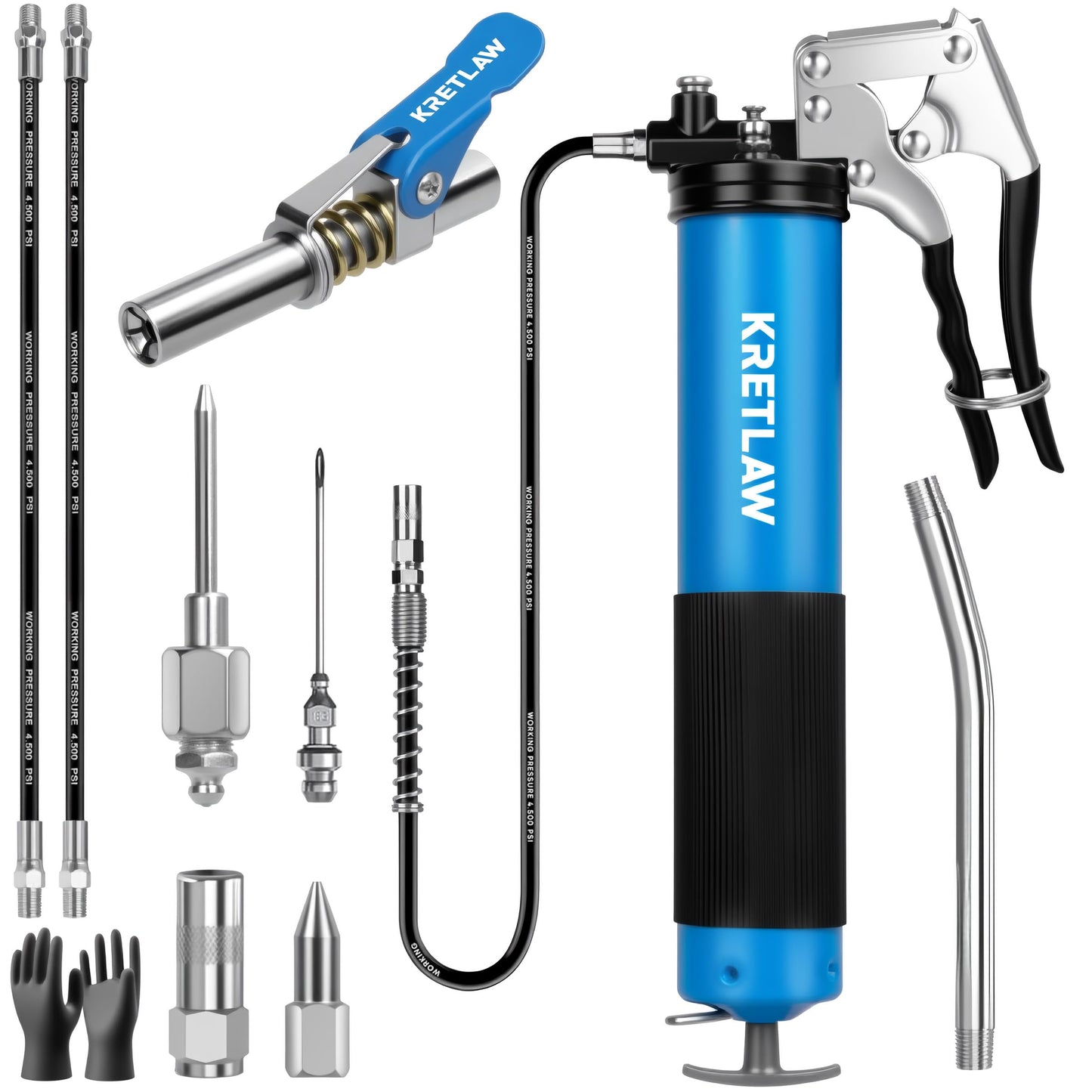 KRETLAW Grease Gun, 7000 PSI Heavy Duty Professional Pistol Grip Grease Gun Kit 14 OZ with Coupler, Double Grease Injector Needles, 18" & 2pc 12" Flex Hoses and Reinforced Glove