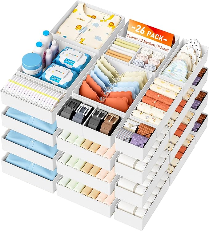 DIMJ Drawer Organizer Clothes 26 Pack - Foldable Baby Organizers and Storage & Closet Organizers for Bedroom, Closet - Nursery Organization Dresser Dividers for underwear, Sock,Bra, Belt, Tie,White