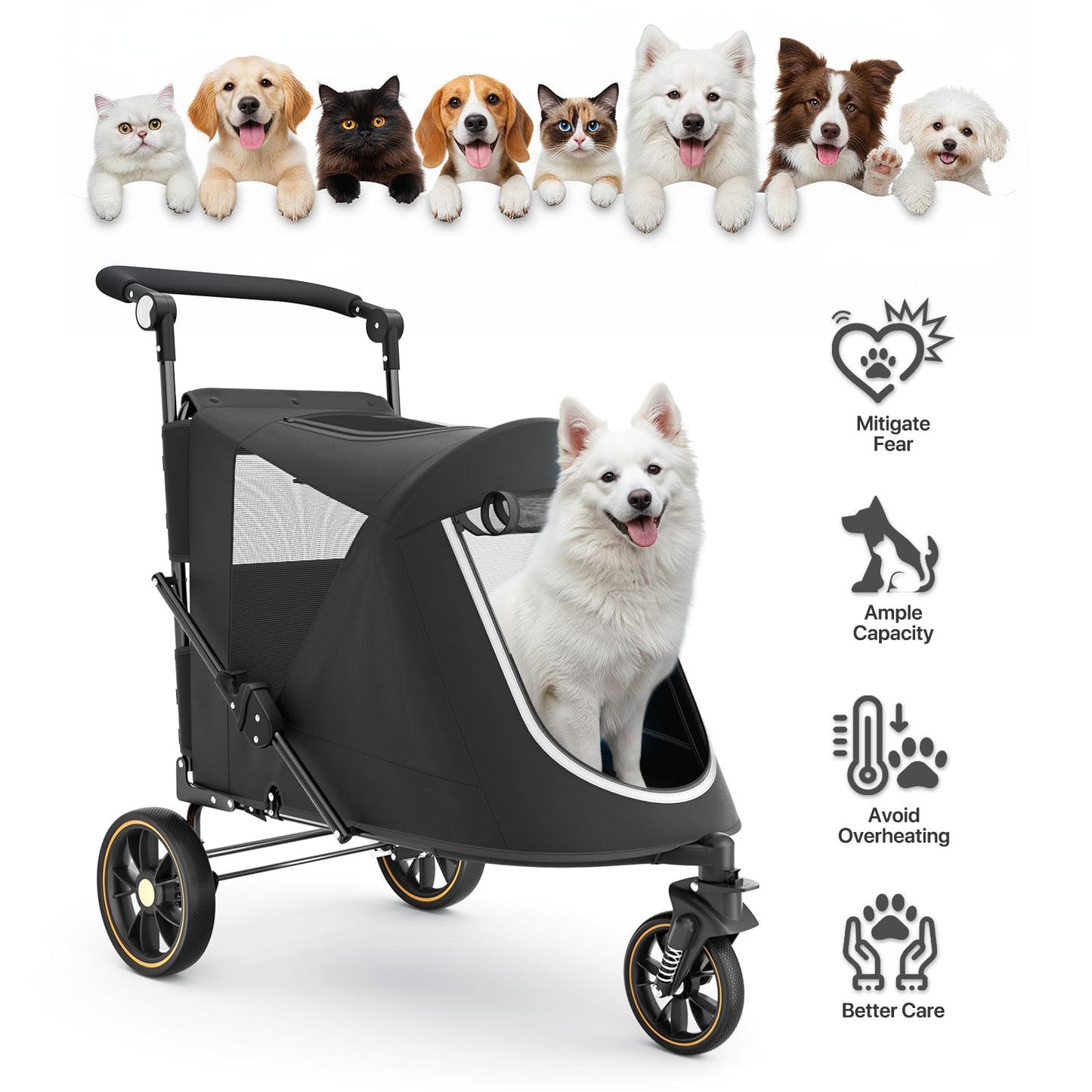 MoNiBloom Pet Stroller for Large Dogs or Multiple Dogs Cats with Adjustable Handle, 3-Wheels Dual Entry Portable Dog Carting Easy Folding Pet Wagon Double Dog Stroller up to 55 lbs, Black