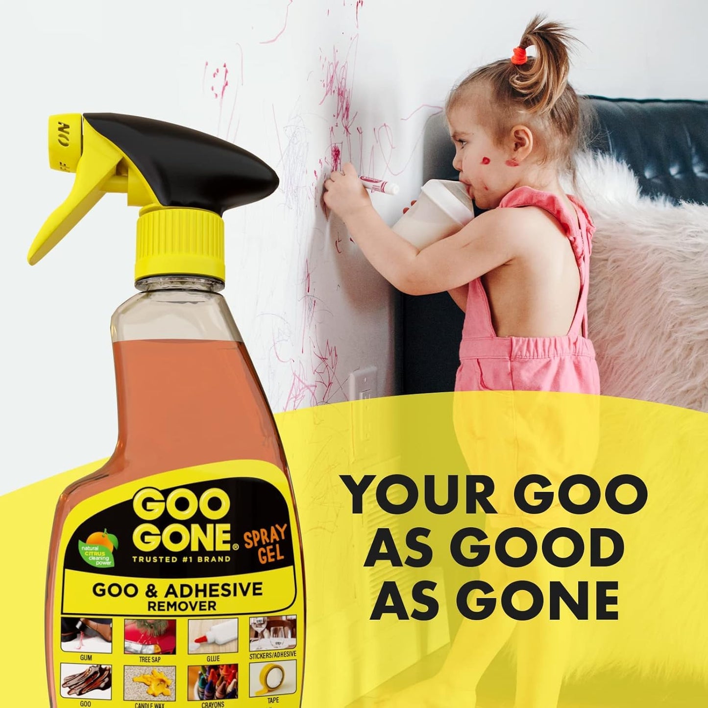 Goo Gone Spray Adhesive Remover Gel, 12 oz, Removes Glue, Stickers, Tape Residue, Grease, Gum & Wax, Adhesive Spray with Citrus Cleaning Power for Hard Surfaces, Carpets & Fabrics