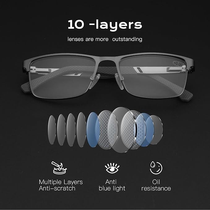 ZENOTTIC Blue Light Glasses Men : Black Reading Glasses Men - Square Frame Computer Glasses - Anti Glare Metal Readers
