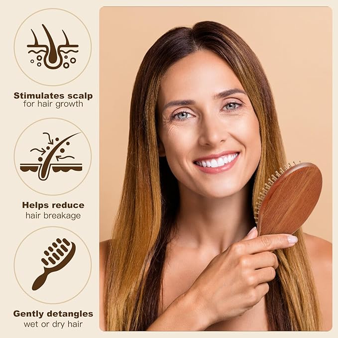 2-Piece Bamboo Hair Brush Set for Hair Growth (Oval & Square) - Natural Wooden Scalp Massage Brush with Bamboo Bristles,Detangling Hairbrush for Women,Men,All Hair Types - Ergonomic Handle
