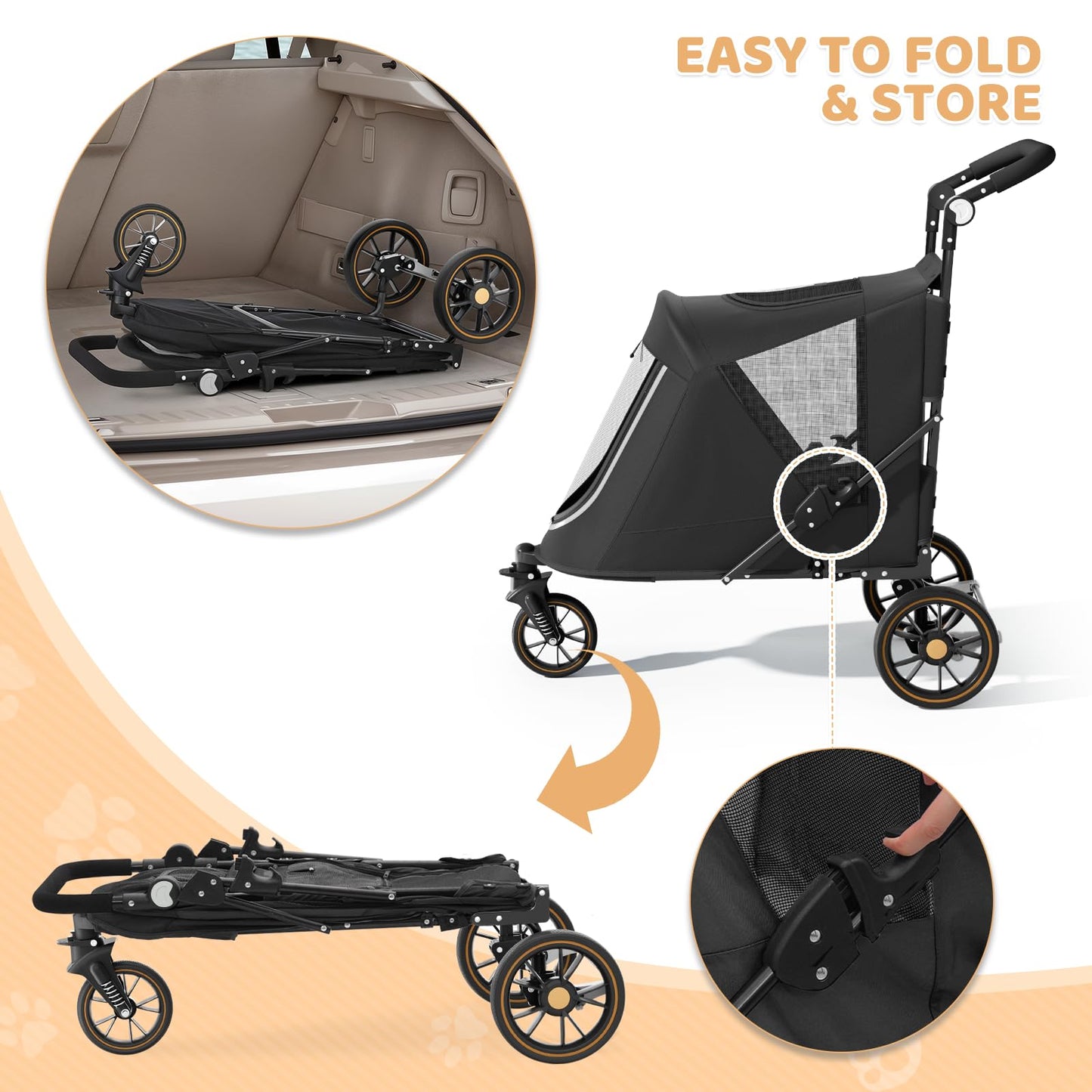 Magshion Pet Stroller for Medium Dogs w/Adjustable Handle, 3-Wheel Dog Cat Wagon w/Dual Entry, Rear Storage, Breathable Mesh, One-Foot Brake, Ideal for Large Pets up to 55 lbs, Black