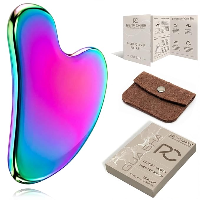 Rena Chris Gua Sha Facial Tools, Stainless Steel Guasha Tool for Acupuncture, Manual Massage Tool for Jawline Sculpting and Puffiness Reducing, Gua Sha Facial Massage Tool (Irridescent)