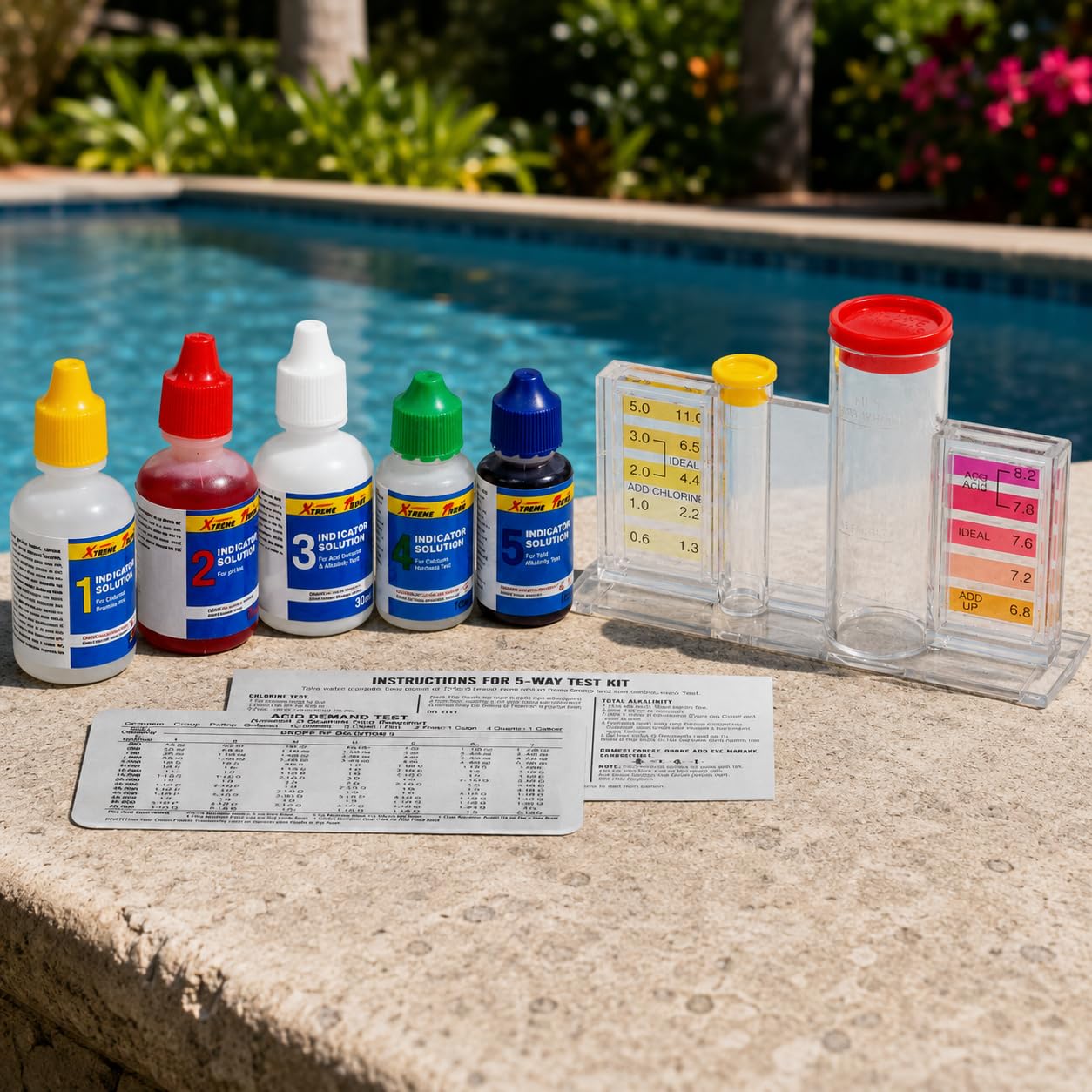 XtremepowerUS 5-Way Swimming Pool Test Kit pH, Chlorine, Bromine, Alkalinity Chemistry Testing with Case Spa, Inground Above Ground Pool Residential