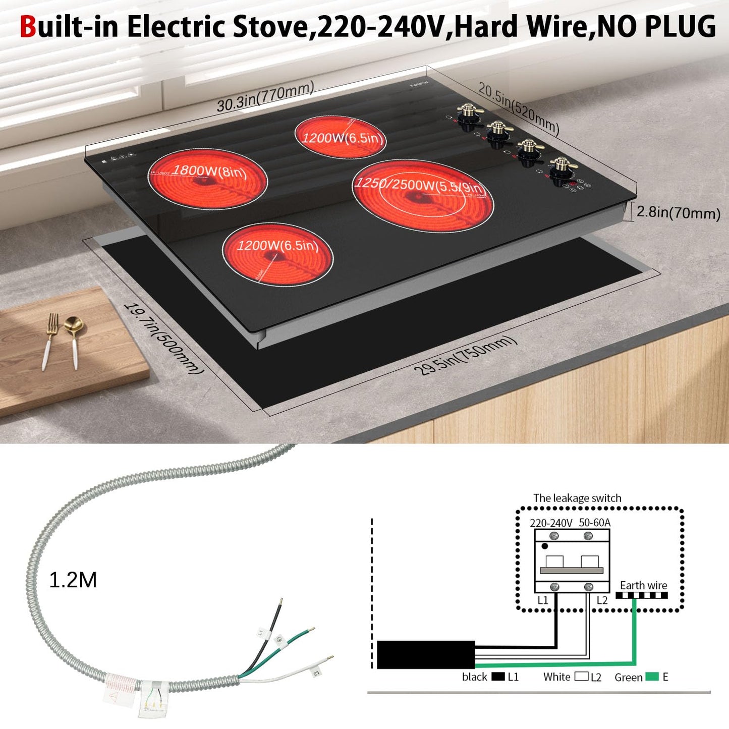 Karinear Electric Cooktop 30 Inch, 4 Burners Electric Stove Top, Built-in Radiant Cooktop with Expandable Burner, Knob Control, Safety Lock, Timer, 6700W 220~240V Hard Wired(No Plug)