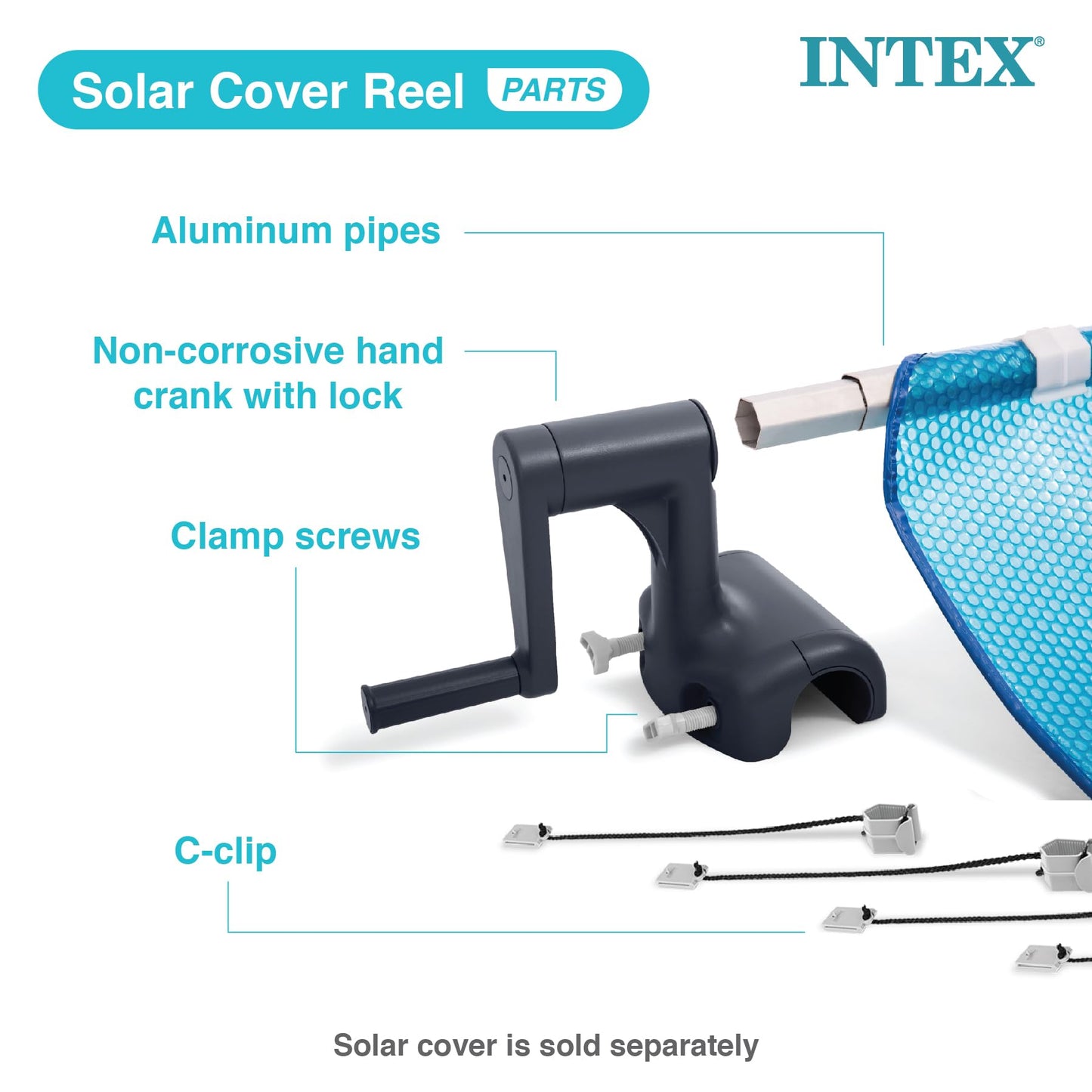 Intex Heavy Duty Solar Above Ground Pool Cover Reel Aluminum Adjustable with Locking Mechanism for Rectangle Frame Pool, Cover Not Included
