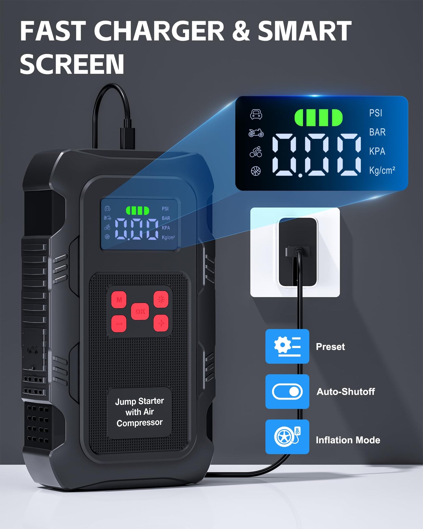 HPBS 5000A Jump Starter with Air Compressor, Portable Car Battery Jump Starter with 150 PSI Tire Inflator for Up to 10.0L Gas and 8.0L Diesel Engines, 12V Jump Box Battery Charger Booster(Red)