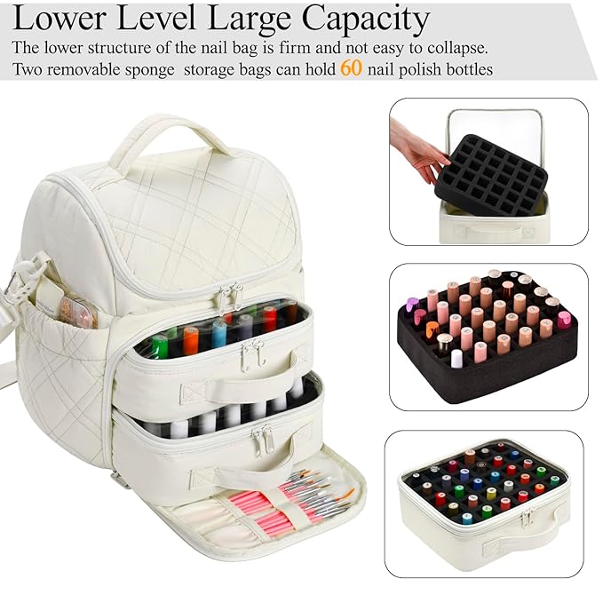 Nail Polish Organizer with 2 Detachable Cases Hold 60 Bottles & Nail Lamp, Portable Nail Organizers and Storage with Handle & Shoulder Strap, Travel Nail Bag for Manicure Tools