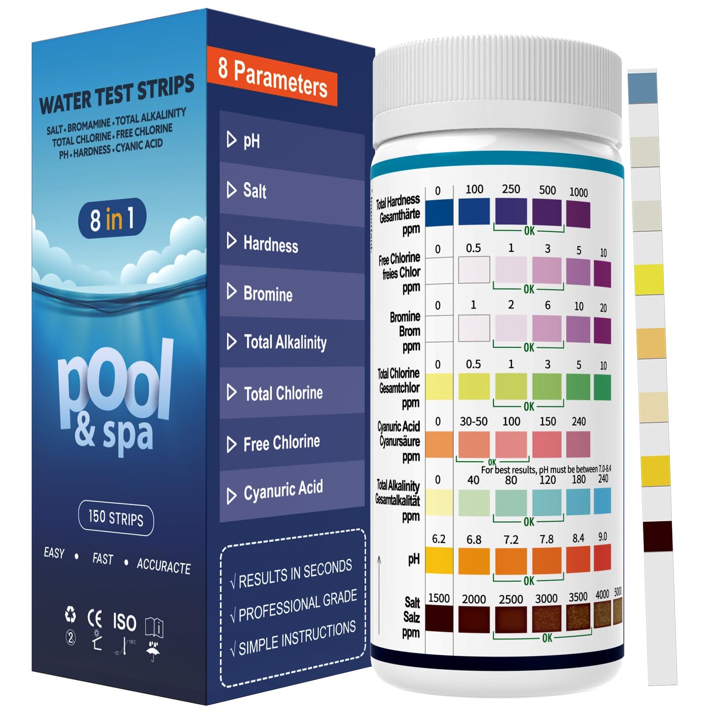 AKSBTEC 2026 Salt Water 8-in-1 Pool Test Strips Kit | 150 Strips Pool Salt Test Strips | Salt Water Pool Testing Kit for Pools, Hot Tubs & Spas Quick Accurate Tests Salt, Chlorine, pH, Cyanuric Acid