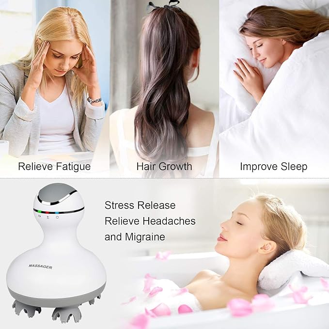 cotsoco Electric Scalp Head & Back Massager, Cordless Hair Massage Waterproof Head Massager with 4 Heads 84 Nodes for Hair Growth, Stress Relief & Deep Clean, Gifts for Men Women, White