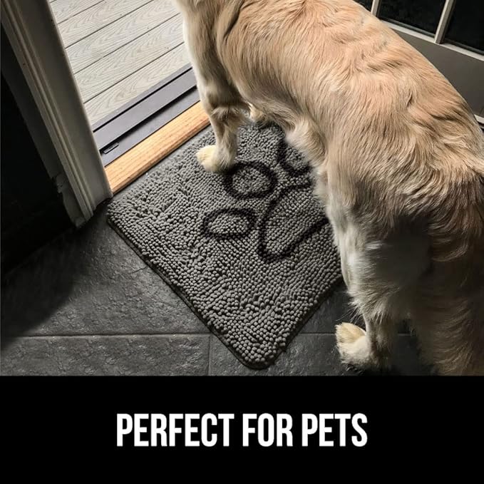 GORILLA GRIP SoakSTOPPER Dog Door Mat, 35x24 Machine Washable Rug Absorbent Doormat Captures Moisture Mud Dirt, Quick Dry Soft Chenille Entryway Rugs Indoor Entrance Mats for Dog Paws, Paw Grey