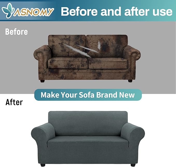 Asnomy Sofa Covers for 2 Cushion Couch Stretch loveseat Covers Slipcovers, Pet Protector Furniture Covers for Dogs Cats Spandex Jacquard Fabric Small Checks （Medium，Gray）
