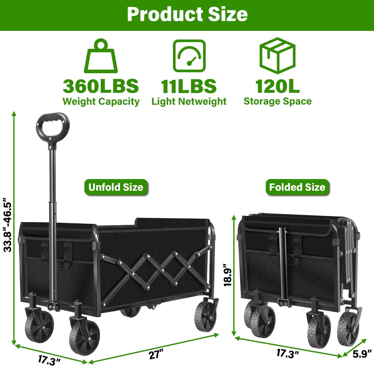 Folding Wagon Cart with All-Terrain Wheels – Heavy Duty Collapsible Utility Wagon for Grocery, Sports, Garden, Camping, Shopping (Black 360LBS)