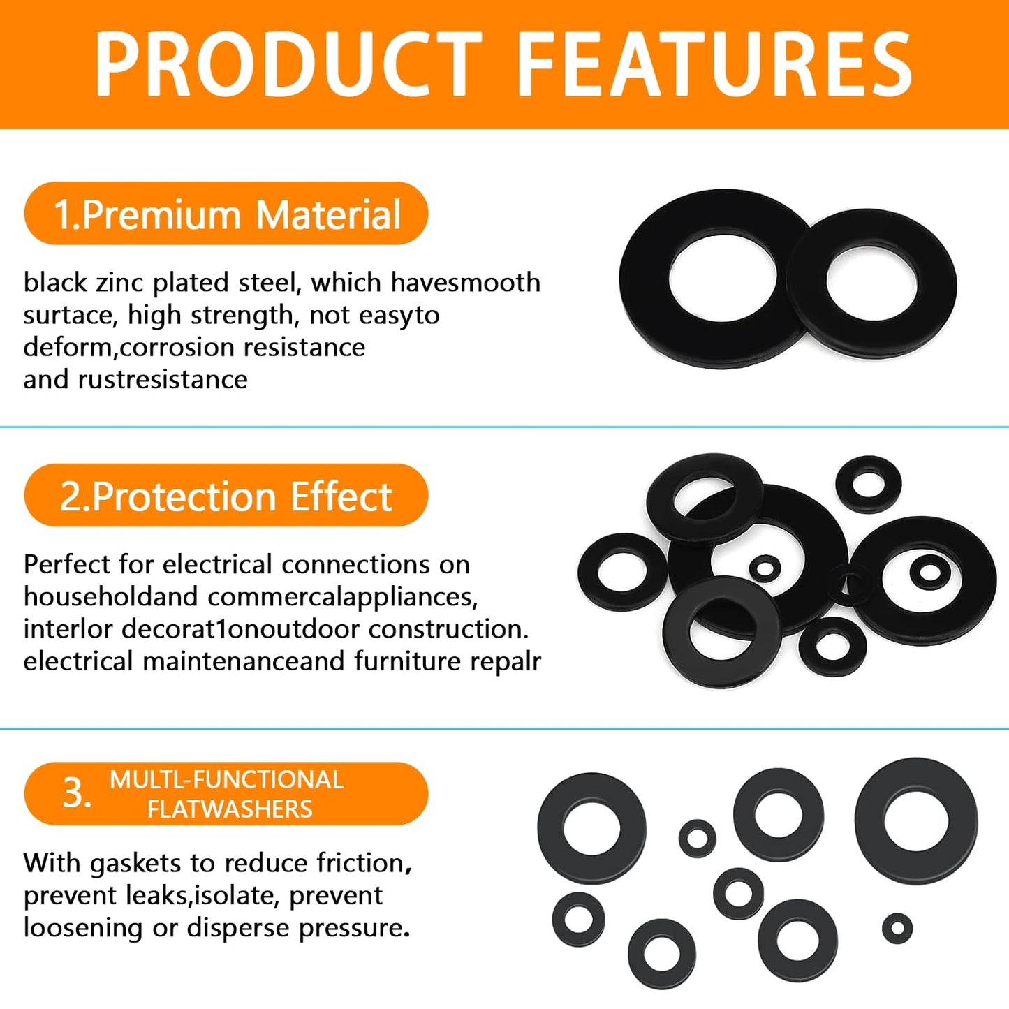 1100 Pcs 9 Sizes Flat Washers for Screws Bolts Black Metal Assorted Washers M2 M2.5 M3 M4 M5 M6 M8 M10 M12 for Furniture Mechanical Repairs
