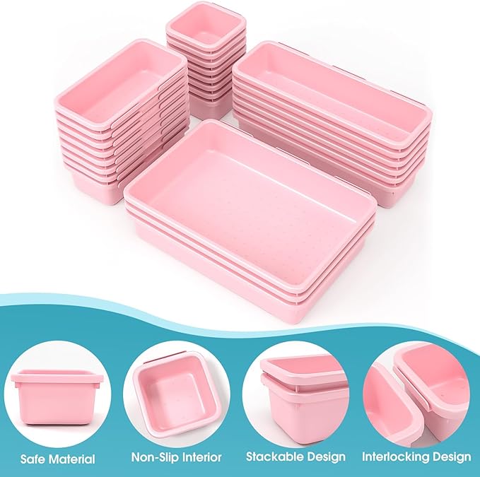 25 PCS Drawer Organizer Set, 4 Size Makeup Drawer Divider Organizer With Non-Slip Pads, Interlocking Plastic Storage Bins for Office,Jewelry Vanity,Gadgets, Bathroom,Kitchen, Pink