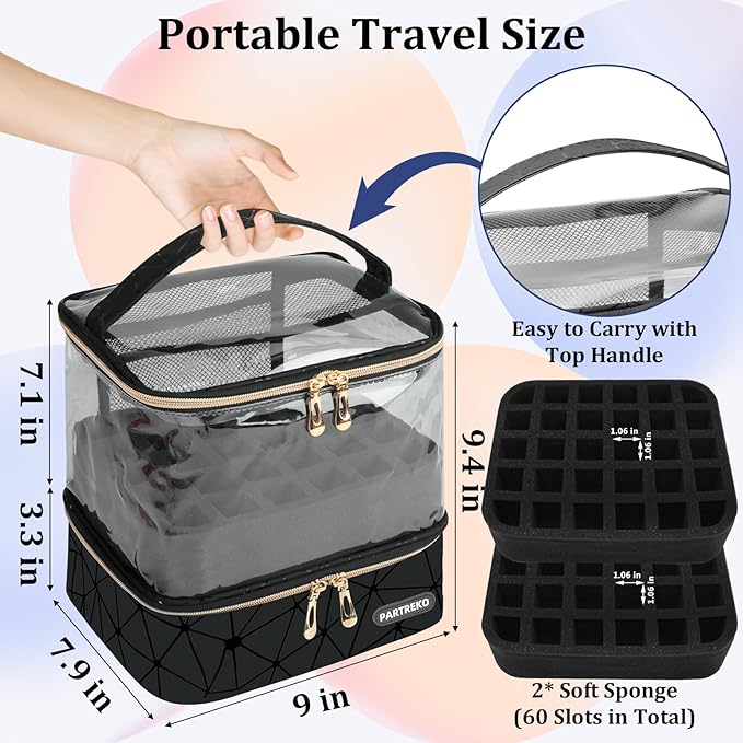 Clear Nail Polish Organizer Holds 60 Bottles (15ml/0.5fl.oz)& Nail Lamp, Double Layer Nail Supplies Organizer Case Transparent, PU Leather Nail kit Storage Bag for Manicure Tools (Black)