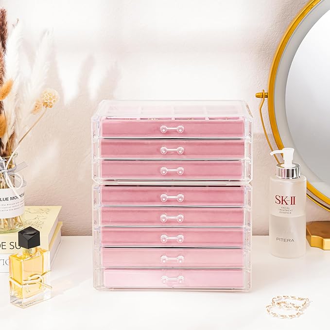 ProCase Earring Holder Organizer Jewelry Box with 8 Drawers, Acrylic Clear Earring Case with Adjustable Velvet Trays for Women - Pink, 8 Layers