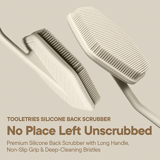 TOOLETRIES Silicone Back Scrubber for Shower, Exfoliating Body & Bath Brush, Long Ergonomic Handle, Non-Slip Grip for Hard-to-Reach Areas, Hygienic Silicone Bath Accessory for Men & Women - Sand