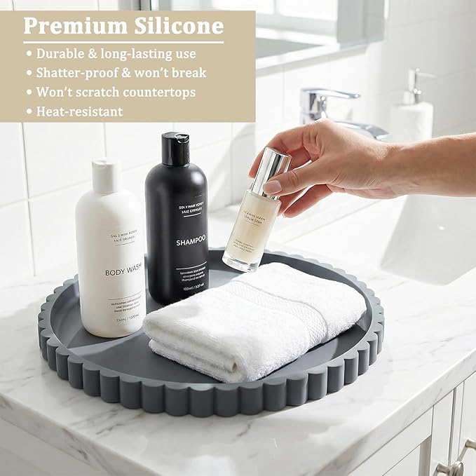 Silicone Bathroom Vanity Tray, Modern Round Decorative Tray for Countertop, Waterproof & Unbreakable Cosmetic Perfume Organizer, Extra-Thick & Sturdy, Easy to Clean Candle Tray (Dark Grey, 10 inch)