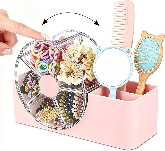Hair Accessories Organizer for Girls, 2-Slot Hair Brush Holder & 5-Section Rotating Wheel, Cute Makeup Brush Holder for Hair Tile, Clip, Makeup Brush, Earring, Ring, Kids Vanity Accessories (Pink)