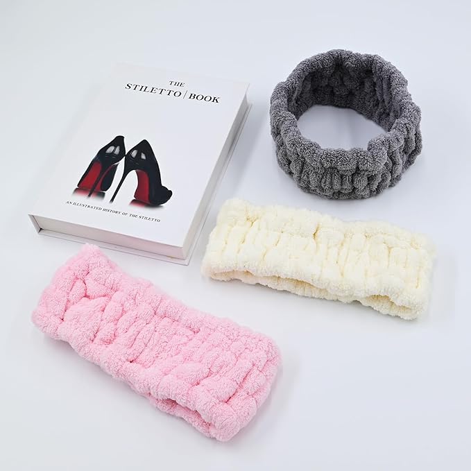 Microfiber Spa Headband 3-Pack, Soft Terry Cloth Headband for Washing Face, Facial Mask, Makeup, Shower, Yoga, Gift for Women and Teens (Gray+Milk White+Pink)