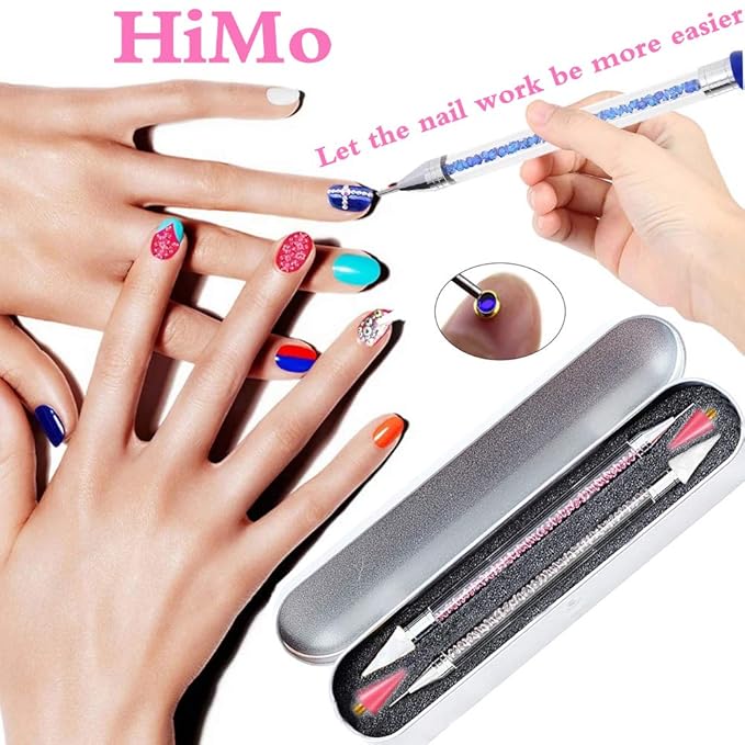 2 Pieces Nail Rhinestone Picker Dual-Ended DIY Nail Art Dotting Tool Wax Pen Acrylic Handle with Extra 2 Wax Head & Storage Case, for Crystal AB Rhinestones, Nail Art, Diamond Painting
