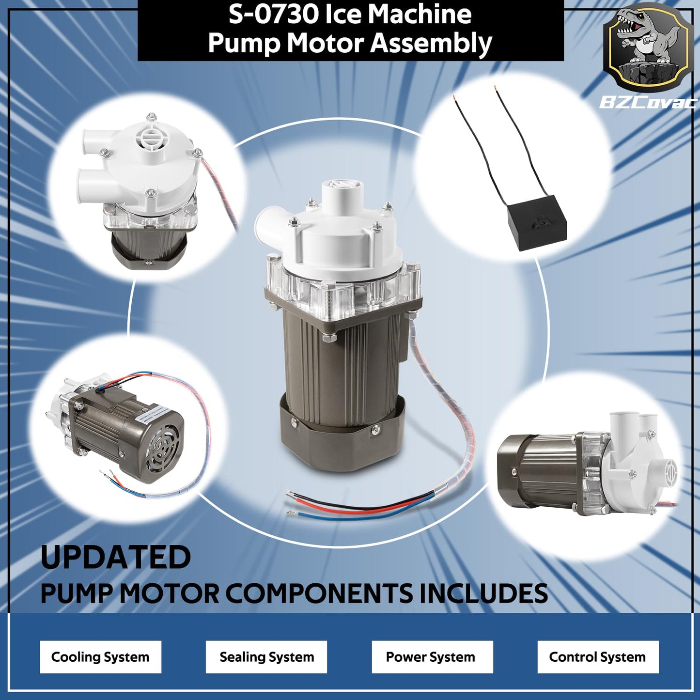 S-0730 Water Pump for Hoshizaki, Ice Machine Motor Assembly with Mounting Plate, 14-Inch Cable, and Factory Plug, #M91X60S201S