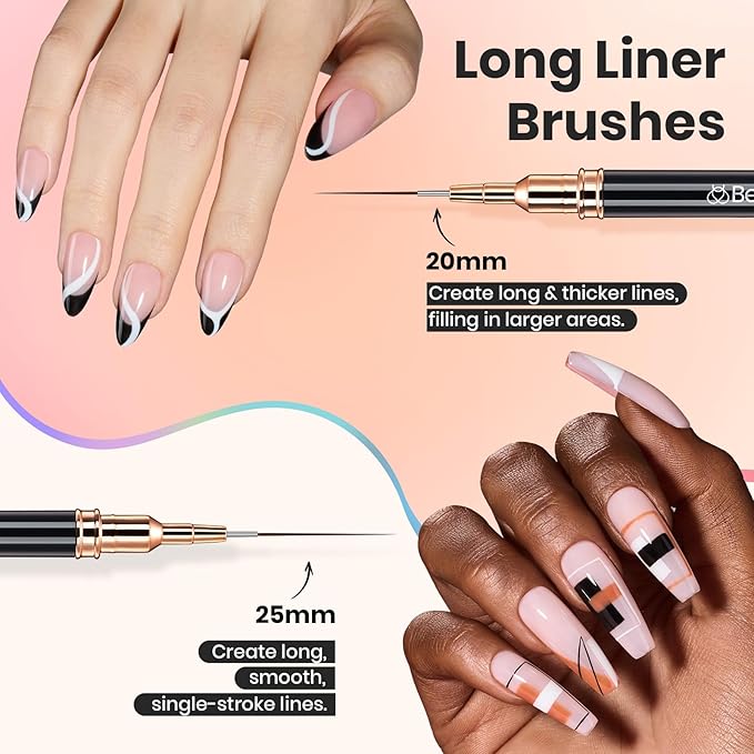 Beetles Liner Brushes for Nails 5pcs - Metallic Nail Art Brushes Black Nail Art Pens Liner Sizes 5/9/15/20/25mm with Palette Holder Painting Manicure Design Tools for Long Lines, Details, Fine Drawing