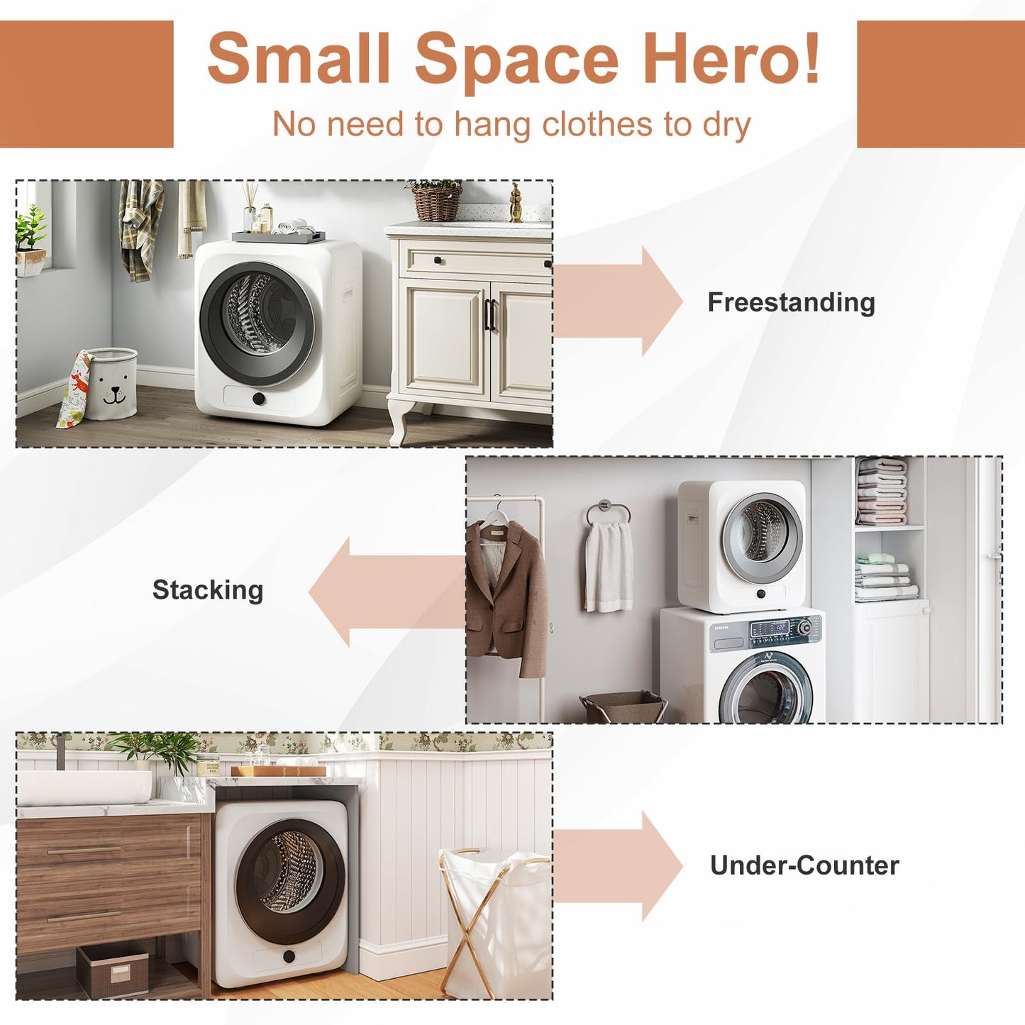 VCJ Portable Clothes Dryer for Apartment, 1.5 Cu.ft Compact Mini Electric Dryer with 5 Drying Modes, Stainless Steel Tub, Simple Knob Control, Dryer Machine for Dorm, RV, Small Space
