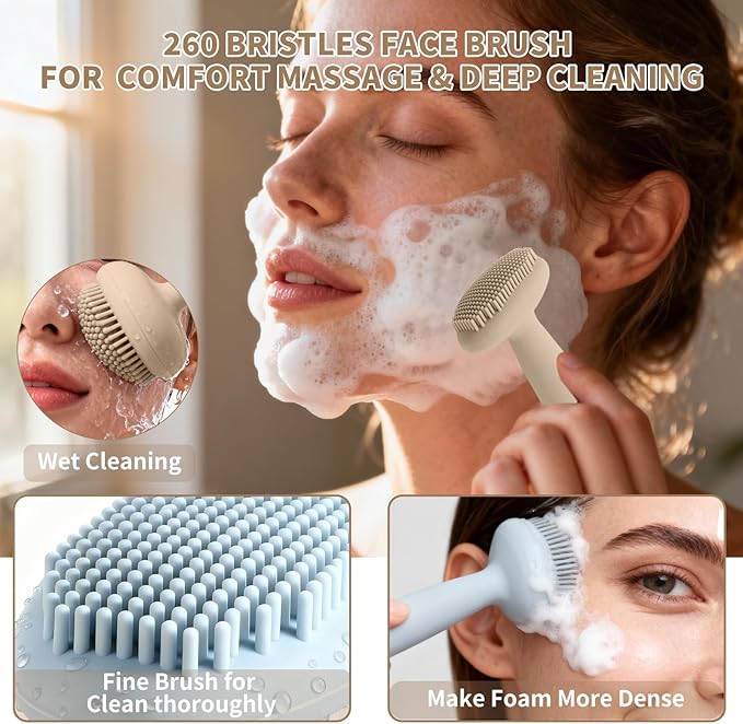 2 Pack Silicone Face Scrubber,2 in 1 Facial Cleansing Brush & Face Mask Applicator, Face Exfoliator Scrubber Waterproof Home Spa Facial Brush for Sensitive Skin (Dusty Blue and Off-White)