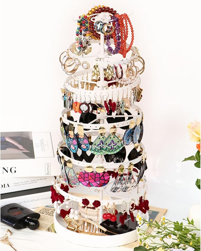 6 Tier Rotating Jewelry Organizer Stand, 230 Holes Earring Holder Organizer for Women Girls, Spinning Earring Tree with Ring Holder, Wide Base for Bracelets Watches Lipstick