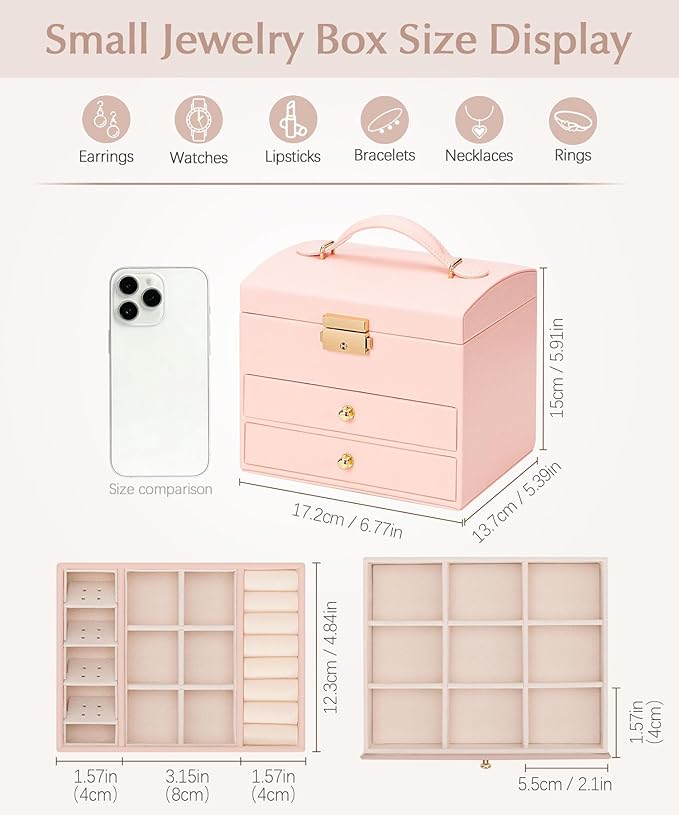 Homde Girls Jewelry Box with Lock: 3 Layer Organizer with Removable Tray - Storage for Ring Necklace Earring - Birthday & Return Gifts for Young Women (Blush Pink)