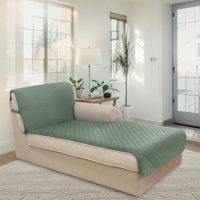 U-NICE HOME Sectional Couch Cover for Dogs Pets Chaise Lounge Reversible Sofa Cover Furniture Protector with Elastic Adjustable Strap, Greyish Green/Taupe
