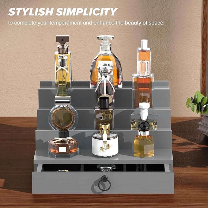 upcessory Cologne Organizer for Men, 4 Tier Black Wood Perfume Organizer with Felt Lining Drawer and Hidden Compartment, Perfume Display Holder, A Gift for Men
