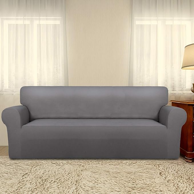 PureFit Super Stretch Sofa Slipcover – Spandex Non Slip Soft Couch Sofa Cover, Washable Furniture Protector with Non Skid Foam and Elastic Bottom for Kids, Pets （Oversized Sofa, Light Gray