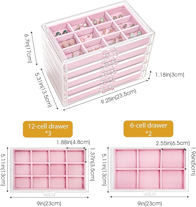 ProCase Earring Holder Organizer Jewelry Box with 5 Drawers, Acrylic Clear Earring Case with Adjustable Velvet Trays for Women - Pink, 5 Layers