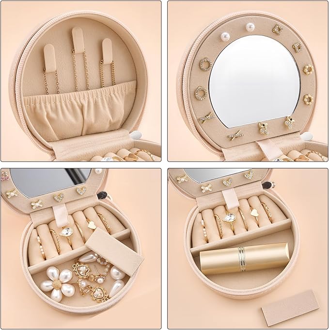 ProCase Travel Size Jewelry Box, Mini Portable Seashell-Shaped Jewelry Case with Mirror, 2 Layer Organizer in PU Leather for Women -Champagne