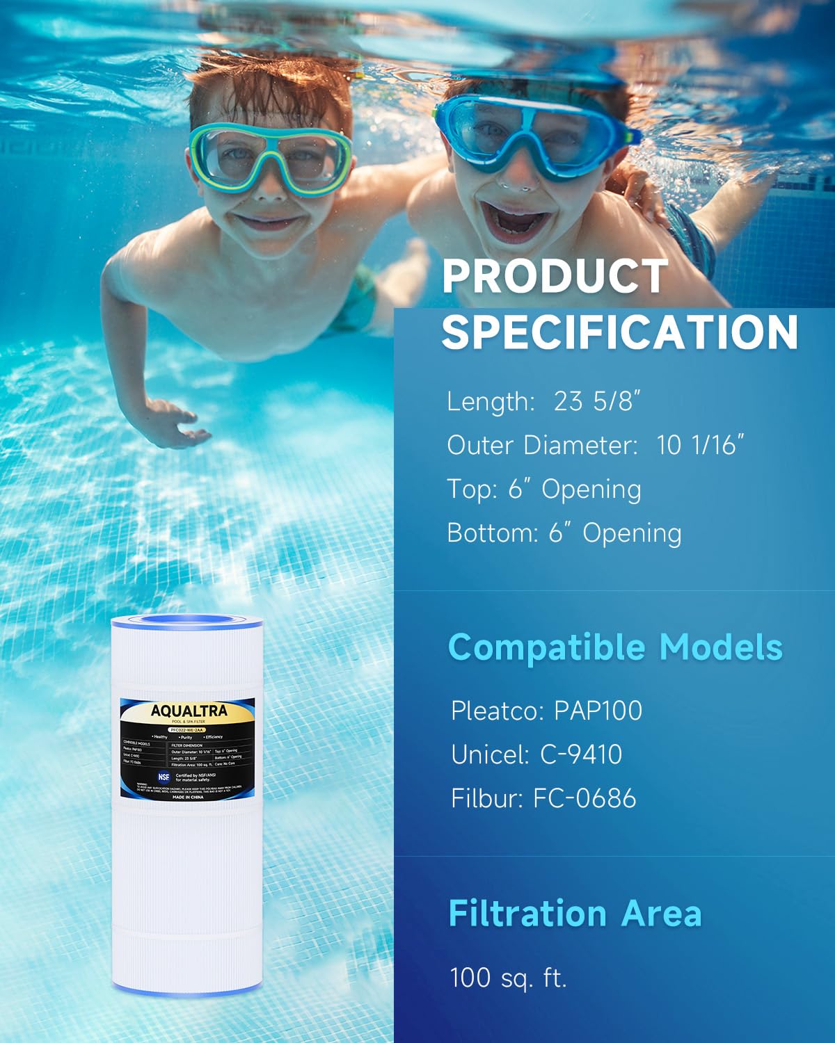 AQUALTRA Pool Filter Compatible with CC100, C-9410, CCRP100, PAP100, PAP100-4, Ultral-C3, R173215, FC-0686, 100 sq. ft., 23 5/8" x 10 1/16" 2 Pack